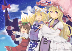 Rule 34 | 3girls, absurdres, animal ears, armband, blonde hair, bow, breasts, cat ears, chen, closed eyes, cloud, cowboy shot, day, dress, earrings, fox tail, frilled dress, frills, gap (touhou), hair bow, hat, hat ribbon, highres, holding, holding umbrella, jewelry, large breasts, laughing, long hair, long sleeves, looking afar, looking at viewer, mob cap, morning, multiple girls, open mouth, pointing, purple eyes, red dress, ribbon, shooting star, short hair, sky, smile, star (sky), starry sky, suguharu86, sun, sunrise, tabard, tail, touhou, umbrella, white dress, wide sleeves, yakumo ran, yakumo yukari, yellow eyes