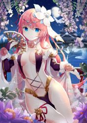 Rule 34 | 1girl, absurdres, architecture, bare shoulders, blue eyes, blush, breasts, bridal gauntlets, bug, butterfly, character request, cleavage, closed mouth, cowboy shot, east asian architecture, flower, full moon, hair flower, hair ornament, hand fan, highres, holding, holding fan, houchi shoujo, huge filesize, insect, loincloth, long hair, looking at viewer, lotus, medium breasts, moon, night, night sky, onsem, outdoors, petals, pink hair, revealing clothes, rose, see-through, sky, smile, solo, thigh strap, very long hair, water, water drop