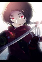 Rule 34 | 10s, 1boy, brown hair, earrings, highres, jewelry, kashuu kiyomitsu, katana, lens flare, letterboxed, male focus, mole, mole under mouth, nail polish, personification, ponita, ponytail, red eyes, scarf, smile, solo, sword, touken ranbu, upper body, weapon