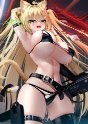 Rule 34 | 1girl, :3, ahoge, animal ears, arm behind head, arm belt, arm up, armpits, bell, belt, bikini, black bikini, black thighhighs, blonde hair, blush, bouncing breasts, bow, breasts, cat ears, cat tail, cleavage, commentary request, covered erect nipples, cowboy shot, ear bell, elbow gloves, eye trail, from below, gloves, gluteal fold, green eyes, gun, hair between eyes, heterochromia, highres, id card, jingle bell, lanyard, large breasts, light trail, linea alba, long hair, looking at viewer, loose belt, mepurin (scarlet59833), micro bikini, narrow waist, navel, open mouth, original, pouch, rifle, shiny clothes, sideboob, single glove, single thighhigh, skindentation, smile, solo, strap gap, sweat, swimsuit, tail, tail bell, tail bow, tail ornament, thick eyelashes, thigh belt, thigh pouch, thigh strap, thighhighs, thighs, tsurime, twintails, two side up, underboob, very long hair, weapon, yellow eyes