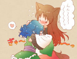 Rule 34 | &gt; &lt;, 2girls, animal ears, arinu, blue hair, blush, brown hair, closed eyes, fins, head fins, heart, hug, imaizumi kagerou, japanese clothes, kimono, long hair, long sleeves, mermaid, monster girl, multiple girls, short hair, simple background, smile, spoken heart, tail, touhou, translation request, wakasagihime, wolf ears, wolf tail, yuri