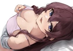 Rule 34 | 1girl, :p, absurdres, blue eyes, blue nails, breasts, brown hair, camisole, cleavage, commentary, highres, ichinose shiki, idolmaster, idolmaster cinderella girls, lamp p9, large breasts, long hair, looking at viewer, lying, nail polish, on back, simple background, smile, solo, tongue, tongue out, white background, white camisole