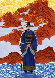 1boy beard black_hair chinese_clothes facial_hair full_body futou hat highres hutusanren long_sleeves male_focus ming_dynasty mountain mustache ocean original solo standing water waves wide_sleeves yuanlingpao