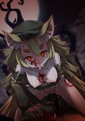 Rule 34 | 10s, 1boy, 1girl, animal ears, blood, blood on breasts, blood on face, breasts, claws, eyebrows, full moon, gen&#039;ei wo kakeru taiyou, girl on top, green hair, hat, highres, long hair, looking at viewer, moon, nipples, penis, pussy, red eyes, short eyebrows, sirills, tail, tattoo, thick eyebrows, tongue, tongue out, tsukuyomi luna, wolf