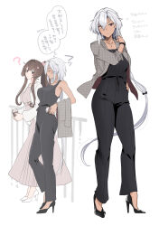 Rule 34 | 2girls, ?, absurdres, alternate costume, black dress, black footwear, black pants, brown eyes, brown hair, closed eyes, closed mouth, coffee cup, collarbone, cup, disposable cup, dress, grey hair, high heels, highres, holding, holding cup, jacket, kantai collection, long hair, long sleeves, multiple girls, multiple views, musashi (kancolle), open clothes, open jacket, pants, red eyes, simple background, smile, thought bubble, translation request, white background, white footwear, white jacket, yamato (kancolle), yunamaro