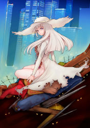 Rule 34 | 1girl, android, city, cityscape, damaged, dress, guro, hat, iwagami, long hair, looking at viewer, looking back, original, outdoors, purple eyes, ribs, sitting, solo, thighhighs, torn clothes, torn dress, traffic cone, trash, white dress, white hair, white hat
