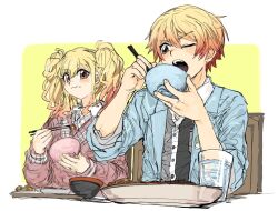 Rule 34 | 1boy, 1girl, blonde hair, bnna-0208, brother and sister, cardigan, chopsticks, cup, dress shirt, drinking glass, eating, gradient hair, holding, holding chopsticks, jacket, lapels, multicolored hair, one eye closed, pink eyes, pink hair, project sekai, shirt, siblings, simple background, tenma saki, tenma tsukasa, twintails