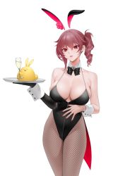 Rule 34 | 1girl, absurdres, animal ears, azur lane, bare shoulders, bow, bowtie, breasts, brown hair, covered erect nipples, cup, drill hair, drinking glass, duca degli abruzzi (azur lane), earrings, fishnet pantyhose, fishnets, glass, highres, holding, holding tray, jewelry, large breasts, leotard, looking at viewer, manjuu (azur lane), nail polish, ohisashiburi, pantyhose, playboy bunny, rabbit ears, red eyes, red nails, side drill, side ponytail, simple background, skindentation, solo, tray, white background