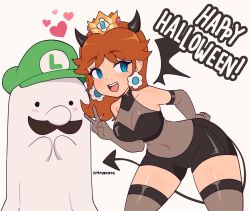 Rule 34 | 1boy, 1girl, blue eyes, blush, breasts, brown hair, cleavage, covered navel, cremanata, crown, demon girl, demon tail, demon wings, earrings, facial hair, flower earrings, ghost costume, halloween, hand on own hip, hat, heart, highres, jewelry, large breasts, leaning forward, legs, looking at viewer, luigi, mario (series), mustache, nintendo, princess, princess daisy, shiny skin, short hair, shorts, smile, spoken heart, super mario bros. 1, super mario land, tail, thick thighs, thighs, v, wings
