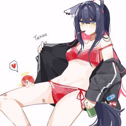 Rule 34 | 0 0, 0w0, 2girls, :3, animal ears, arknights, bandaid, bandaid on leg, bikini, black hair, black jacket, can, character name, chibi, colored inner hair, detached wings, ear piercing, energy wings, exusiai (arknights), food, food in mouth, hair between eyes, hair over one eye, halo, haobuguniao, heart, highres, holding, holding can, implied yuri, jacket, mouth hold, multicolored hair, multiple girls, navel, open clothes, open jacket, penguin logistics logo, piercing, pocky, red bikini, red hair, short hair, side-tie bikini bottom, simple background, speech bubble, spoken heart, stomach, strap slip, swimsuit, tail, texas (arknights), white background, wings, wolf ears, wolf girl, wolf tail, yellow eyes