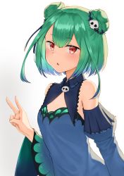 Rule 34 | 1girl, :o, absurdres, blue dress, blue hair, blush, breasts, detached sleeves, double bun, dress, gradient hair, green hair, hair bun, hair ornament, highres, hololive, long sleeves, looking at viewer, m kong, multicolored hair, red eyes, short hair, simple background, skull hair ornament, small breasts, solo, uruha rushia, uruha rushia (1st costume), virtual youtuber, white background, wide sleeves