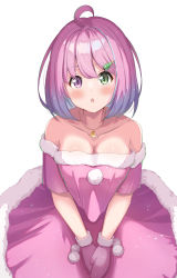 Rule 34 | 1girl, ahoge, bare shoulders, blue hair, blush, breasts, christmas tree hair ornament, collarbone, commentary request, crescent, crescent necklace, dress, fur-trimmed dress, fur trim, gloves, gradient hair, green eyes, hair ornament, highres, himemori luna, hololive, jewelry, large breasts, looking at viewer, multicolored hair, necklace, parted lips, pink dress, pink eyes, pink gloves, pink hair, short hair, short sleeves, simple background, solo, suicabar72, v arms, virtual youtuber, white background
