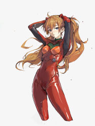 Rule 34 | 1girl, :|, absurdres, arms up, blue eyes, bodysuit, breasts, closed mouth, collar, cropped legs, curvy, green collar, hair between eyes, hair ornament, highres, interface headset, long hair, looking at viewer, medium breasts, multicolored bodysuit, multicolored clothes, neon genesis evangelion, orange hair, pilot suit, plugsuit, red bodysuit, rongzhen, shiny clothes, simple background, skin tight, solo, souryuu asuka langley, twintails, very long hair, white background, wide hips