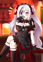 Rule 34 | 1girl, absurdres, azur lane, bare shoulders, beer mug, black dress, black gloves, black hair, breasts, cleavage, clothing cutout, cross, cup, dress, elbe (azur lane), elbe (time to show off?) (azur lane), fang, frilled dress, frilled hairband, frills, gloves, hair ribbon, hairband, highres, indoors, iron cross, large breasts, layered dress, crossed legs, mug, multicolored hair, official alternate costume, red dress, red ribbon, ribbon, sitting, skin fang, streaked hair, two-tone dress, two-tone hair, underboob cutout, white hair, yeong100