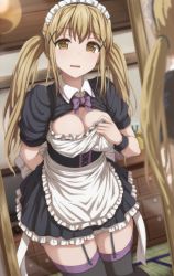 Rule 34 | 1girl, apron, arm behind back, bang dream!, black skirt, black thighhighs, blonde hair, blurry, blurry foreground, bow, bowtie, breasts, brown eyes, cleavage, commentary request, controller, cowboy shot, depth of field, drawer, dutch angle, flower, frilled skirt, frills, garter straps, hair ornament, highres, ichigaya arisa, indoors, long hair, looking at mirror, looking at viewer, maid, maid apron, maid headdress, medium breasts, miniskirt, mirror, narafume, parted lips, purple bow, purple bowtie, reflection, remote control, ribbon trim, shirt tug, short sleeves, sidelocks, skirt, solo, sweatdrop, television, thighhighs, twintails, vase, white apron, white bow, white flower, wing collar, wrist cuffs, x hair ornament, zettai ryouiki