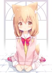 Rule 34 | 1girl, :o, absurdres, animal ear fluff, animal ears, blush, bow, brown eyes, brown hair, commentary request, full body, hair between eyes, hair bow, hair over shoulder, highres, jacket, light brown hair, long hair, long sleeves, looking at viewer, nakkar, open clothes, open jacket, original, parted lips, pink jacket, pleated skirt, red bow, red footwear, sailor collar, shirt, shoes, sitting, skirt, sleeves past wrists, solo, tail, wariza, white bow, white sailor collar, white skirt, window, yellow shirt