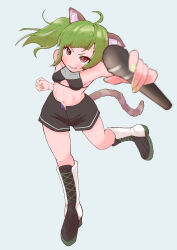 Rule 34 | absurdres, ahoge, animal ear fluff, animal ears, bikini, bikini top only, black bikini, black shorts, blunt bangs, blurry, blurry foreground, blush, boots, breasts, cat ears, cat tail, character name, cleavage cutout, clothing cutout, collarbone, cross-laced footwear, delutaya, fang, full body, green hair, grey background, highres, indie virtual youtuber, knee boots, ksatorium531, long hair, looking at viewer, microphone, multicolored footwear, navel, open clothes, open fly, open shorts, partially unzipped, reaching, reaching towards viewer, red eyes, shorts, sidelocks, simple background, skin fang, small breasts, smile, striped tail, swimsuit, tail, twintails, utaite, yellow nails