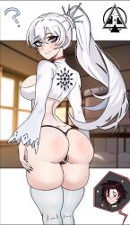 Rule 34 | 2girls, ass, blush, dizzle, highres, long hair, looking at viewer, multiple girls, rwby, smile, weiss schnee