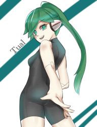 Rule 34 | 1girl, android, ass, bodysuit, breasts, charu (saru getchu), green eyes, green hair, highres, joints, long hair, looking at viewer, manta527, medium breasts, open mouth, ponytail, robot ears, robot joints, saru getchu, smile, solo, standing
