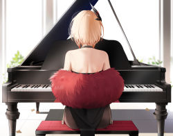 Rule 34 | 1girl, ass, azur lane, bare shoulders, bench, black dress, black pantyhose, blonde hair, blurry, blurry background, dress, from behind, hair ornament, highres, instrument, multicolored hair, music, pantyhose, piano, plant, playing instrument, playing piano, potted plant, qing wu, red hair, roon (azur lane), roon (viridescent lullaby) (azur lane), short hair, shoulder blades, sitting, solo, strapless, strapless dress, streaked hair, tile floor, tiles
