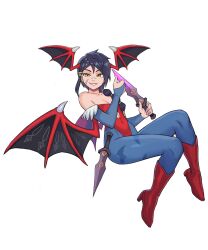 1girl absurdres bandaid bandaid_on_face bandaid_on_nose bare_shoulders black_hair blue_pantyhose boots breasts brown_eyes collarbone cosplay covered_navel darkstalkers demon_girl demon_wings erisa_(fortnite) fortnite grey_background grin head_wreath high_heel_boots high_heels highres holding holding_knife knee_boots knife leotard lilith_(darkstalkers) lilith_(darkstalkers)_(cosplay) looking_at_viewer pantyhose parted_lips red_boots red_leotard scar scar_on_face short_hair simple_background small_breasts smile solo teeth watcher_hollow wings