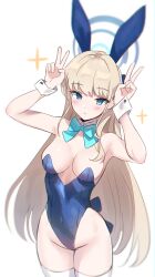 Rule 34 | 1girl, absurdres, animal ears, aqua bow, aqua bowtie, armpits, arms up, bare shoulders, blonde hair, blue archive, blue eyes, blue leotard, blush, bow, bowtie, breasts, breasts apart, covered navel, detached collar, double v, groin, halo, highres, kumarang, leotard, long hair, looking at viewer, medium breasts, official alternate costume, playboy bunny, plunging neckline, rabbit ears, simple background, solo, sparkle, straight hair, thighhighs, toki (blue archive), toki (bunny) (blue archive), v, very long hair, white background, white thighhighs, wrist cuffs