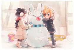 Rule 34 | 1boy, 1girl, black hair, blonde hair, blue eyes, blush, boots, bucket, child, chocobo, cloud strife, coat, commentary request, earmuffs, final fantasy, final fantasy vii, final fantasy vii remake, full body, gloves, holding, holding stick, long hair, minato (ct 777), moogle, nibelheim, outdoors, red eyes, red scarf, scarf, snow, snow rabbit, snowman, spiked hair, standing, stick, tifa lockhart, twitter username, winter clothes, winter coat
