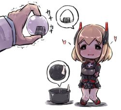 Rule 34 | 1girl, azur lane, black footwear, black gloves, black jacket, black skirt, blonde hair, blush, boots, brown eyes, chibi, commander (azur lane), commentary request, food, gloves, headgear, heart, holding, holding food, jacket, knees together feet apart, long sleeves, nose blush, onigiri, out of frame, own hands together, parted lips, pleated skirt, roon (azur lane), skirt, solo focus, spoken food, standing, trembling, u-non (annon&#039;an), v arms, wavy mouth, white background