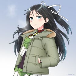 Rule 34 | 1girl, black hair, blue eyes, blush, closed mouth, covered navel, cypress, fur-trimmed jacket, fur trim, gradient background, green jacket, hair ribbon, hands in pockets, jacket, kantai collection, katsuragi (kancolle), long hair, long sleeves, open clothes, open jacket, pleated skirt, ponytail, ribbon, skirt, smile, solo, twitter username, upper body, white ribbon, white skirt