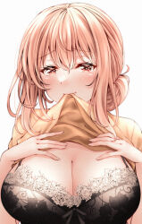 Rule 34 | 1girl, black bra, blush, bow, bow bra, bra, breasts, cleavage, clothes in mouth, clothes lift, hair bun, hands on own breasts, highres, lace, lace bra, large breasts, lifted by self, looking at viewer, medium hair, orange eyes, orange hair, red hayao, simple background, single hair bun, solo, sweater, sweater lift, underwear, white background, yahari ore no seishun lovecome wa machigatteiru., yellow sweater, yuigahama yui&#039;s mother
