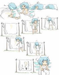 Rule 34 | 1girl, barefoot, bed, bed sheet, bedwetting, bloomers, blue eyes, blue hair, blush, blush stickers, child&#039;s drawing, cirno, comic, covering privates, covering crotch, drawing, embarrassed, female focus, highres, hitodama, konpaku youmu, konpaku youmu (ghost), laundry, marker, messy hair, nightgown, ohyo, shirt tug, stain, touhou, translated, underwear