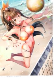 Rule 34 | 1girl, absurdres, ayakawa riku, ball, barefoot, bikini, bracelet, breasts, brown eyes, brown hair, cleavage, day, fingernails, highres, jewelry, medium breasts, nail polish, navel, o-ring, o-ring bikini, open mouth, orange bikini, original, outdoors, page number, ponytail, scan, simple background, solo, stomach, swimsuit, thighs, toes, volleyball, volleyball (object), volleyball net, water drop