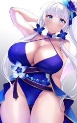 Rule 34 | 1girl, azur lane, bare shoulders, blue choker, blue dress, blue eyes, blue flower, blush, breasts, choker, cleavage, collarbone, criss-cross halter, dress, flower, halterneck, highres, illustrious (azur lane), illustrious (never-ending tea party) (azur lane), large breasts, long hair, looking at viewer, sidelocks, solo, thighs, tri tails, wee (weeyy), white hair