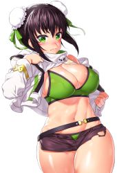 Rule 34 | 1girl, bare shoulders, belt, bikini, black hair, black shorts, blush, breasts, bun cover, cleavage, closed mouth, double bun, fate/grand order, fate (series), green bikini, green eyes, green ribbon, hair bun, highres, jacket, large breasts, long sleeves, looking at viewer, navel, onsoku inu, qin liangyu (chainsaw of the dead) (fate), qin liangyu (fate), ribbon, short shorts, shorts, sidelocks, simple background, solo, swimsuit, thighs, white background, white jacket