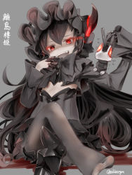 Rule 34 | 1girl, abyssal ship, akino shuu, black dress, black hair, black headwear, character name, dress, fang, frilled sleeves, frills, glowing, glowing eyes, grey background, hair between eyes, isolated island princess, kantai collection, long hair, open mouth, pale skin, red eyes, shaded face, simple background, smile, solo