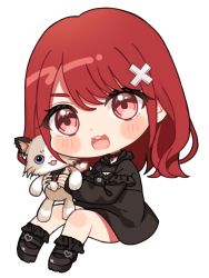 Rule 34 | 1girl, :3, :d, black choker, black dress, black footwear, black socks, blush stickers, chibi, choker, commentary request, copyright request, dress, frilled socks, frills, full body, hair between eyes, hair ornament, highres, holding, holding stuffed toy, kurono kito, long hair, long sleeves, looking at viewer, open mouth, red eyes, red hair, shoes, simple background, sleeves past wrists, smile, socks, solo, stuffed animal, stuffed cat, stuffed toy, teeth, upper teeth only, virtual youtuber, white background, x hair ornament