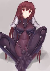 Rule 34 | 1girl, armor, bodysuit, breasts, covered navel, fate/grand order, fate (series), feet, foot focus, highres, kesoshirou, long hair, looking at viewer, navel, no shoes, pauldrons, purple bodysuit, purple hair, red eyes, scathach (fate), scathach (fate), shoulder armor, simple background, smile, soles, solo, toe scrunch, toes