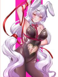 Rule 34 | 1girl, absurdres, animal ears, armpits, bare shoulders, black pantyhose, blush, breasts, clothing cutout, highres, honkai (series), honkai impact 3rd, large breasts, leotard, long hair, navel, nyeppu, pantyhose, playboy bunny, rabbit ears, red eyes, simple background, sleeveless, solo, theresa apocalypse, theresa apocalypse (luna kindred), theresa apocalypse (lunar vow: crimson love), thighs, twintails, white background, white hair