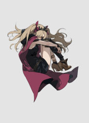 Rule 34 | 1girl, absurdres, ankle boots, asymmetrical legwear, bad id, bad pixiv id, black dress, black thighhighs, boots, breasts, brown footwear, cape, dress, ereshkigal (fate), fate/grand order, fate (series), full body, grey background, hair over one eye, hair ribbon, high heel boots, high heels, highres, hugging own legs, light brown hair, long hair, looking at viewer, medium breasts, nail polish, red cape, red eyes, red nails, red ribbon, ribbon, shoes, simple background, single sleeve, single sock, single thighhigh, socks, solo, thighhighs, tiara, two side up, uneven legwear, zhibuji loom