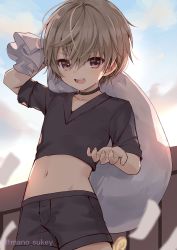 Rule 34 | 1boy, bag, brown hair, child, collar, commentary, hair between eyes, half-closed eyes, highres, looking at viewer, mano sukey, midriff peek, morning, navel, open mouth, original, outdoors, outstretched hand, shorts, smile, solo, teeth, thief, waiting