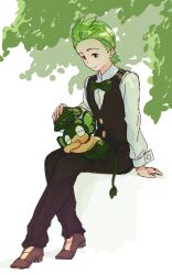 Rule 34 | 1boy, arm support, black vest, bow, bowtie, brown footwear, buttons, cilan (pokemon), closed mouth, commentary request, creatures (company), game freak, gen 5 pokemon, green bow, green bowtie, green hair, highres, long sleeves, looking down, male focus, nintendo, on lap, pansage, pants, paru rari, petting, pokemon, pokemon (anime), pokemon (creature), pokemon bw (anime), pokemon on lap, shirt, shoes, short hair, sitting, smile, vest, white background, white shirt