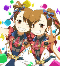 Rule 34 | 2girls, belt, blush, brown eyes, brown hair, emblem, futami ami, futami mami, grin, hair ribbon, highres, idolmaster, idolmaster (classic), idolmaster million live!, idolmaster million live! theater days, jacket, long hair, looking at viewer, mappy (minogue), multiple girls, musical note, necktie, one eye closed, open mouth, outstretched arms, plaid, plaid jacket, plaid necktie, ribbon, short hair, short sleeves, siblings, side ponytail, sisters, smile, standing, star (symbol), twins, w