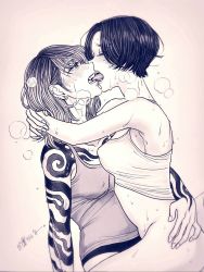 Rule 34 | 2girls, arms around neck, biting tongue, blush, breasts, commentary request, ear piercing, eyebrows hidden by hair, closed eyes, genkakuramune, highres, kiss, looking at another, medium hair, multiple girls, original, piercing, short hair, sweat, tattoo, teeth, tongue, tongue out, traditional media, yuri