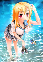 Rule 34 | 1girl, blonde hair, breasts, cleavage, food, holding, holding shoes, hubrael, large breasts, leaning forward, legs, long hair, mouth hold, necktie, ocean, original, plaid, plaid skirt, popsicle, red eyes, school uniform, serafuku, shoes, skirt, solo, wading, water
