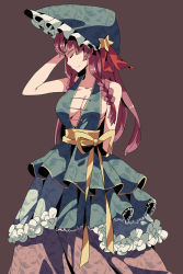 Rule 34 | 1girl, adapted costume, aoi kujira, bare shoulders, braid, breasts, brown background, cleavage, dress, closed eyes, hat, hong meiling, large breasts, red hair, sash, solo, touhou, twin braids