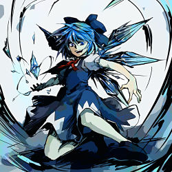 Rule 34 | 1girl, bad id, bad pixiv id, blue eyes, blue hair, cirno, fighting stance, matching hair/eyes, ribbon, short hair, solo, embodiment of scarlet devil, touhou, wings, zakki