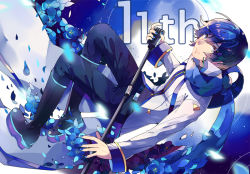 Rule 34 | 1boy, anniversary, blue eyes, blue flower, blue hair, blue nails, blue pants, blue rose, blue scarf, boots, coat, commentary, flower, from above, full body, holding, holding microphone, holding microphone stand, kaito (vocaloid), kaito (vocaloid3), knee boots, linch, looking at viewer, male focus, microphone, microphone stand, nail polish, neon trim, pants, petals, rose, scarf, sideways, sideways glance, smile, solo, vocaloid, white coat
