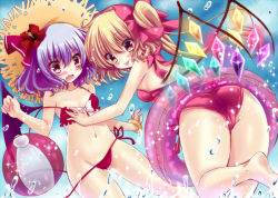 Rule 34 | 2girls, :p, ass, bad id, bad pixiv id, ball, bat wings, beachball, bikini, blonde hair, blush, bow, breasts, fang, flandre scarlet, flower, groin, hair bow, hair flower, hair ornament, hair ribbon, hat, hibiscus, honoka chiffon, innertube, looking at viewer, multiple girls, navel, ocean, open mouth, red bikini, red eyes, remilia scarlet, ribbon, side-tie bikini bottom, side ponytail, small breasts, smile, straw hat, swim ring, swimsuit, tongue, tongue out, touhou, water, wings