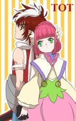 Rule 34 | 1boy, 1girl, bare shoulders, brown eyes, caius qualls, dress, flower, green eyes, lazy rabbit, multicolored hair, pink hair, rubia natwick, scarf, tales of (series), tales of the tempest