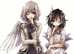 Rule 34 | 2girls, angel wings, arm rest, biting, black hair, bow, bracelet, brooch, brown jacket, covering own mouth, cowboy shot, dress, feathered wings, finger biting, grey horns, hisona (suaritesumi), horns, imitating, jacket, jewelry, kijin seija, kishin sagume, long sleeves, looking at another, mimicking, multicolored hair, multiple girls, one eye closed, purple dress, red eyes, red hair, short hair, short sleeves, single wing, streaked hair, symmetry, touhou, white background, white dress, white hair, white wings, wings